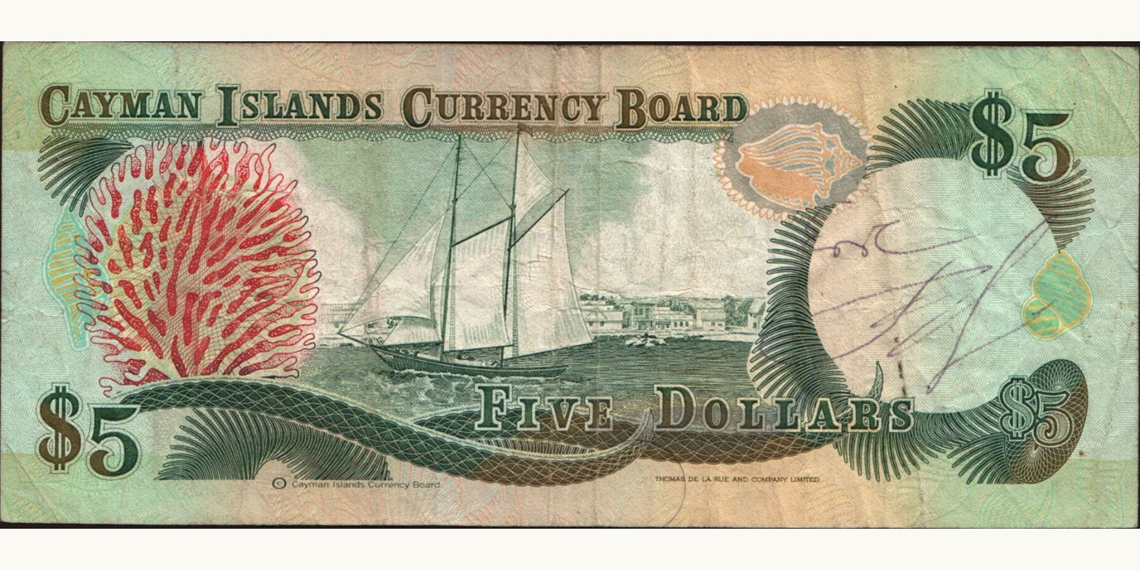 5 dollars о-ва Кайман 1991 — Оборотная сторона