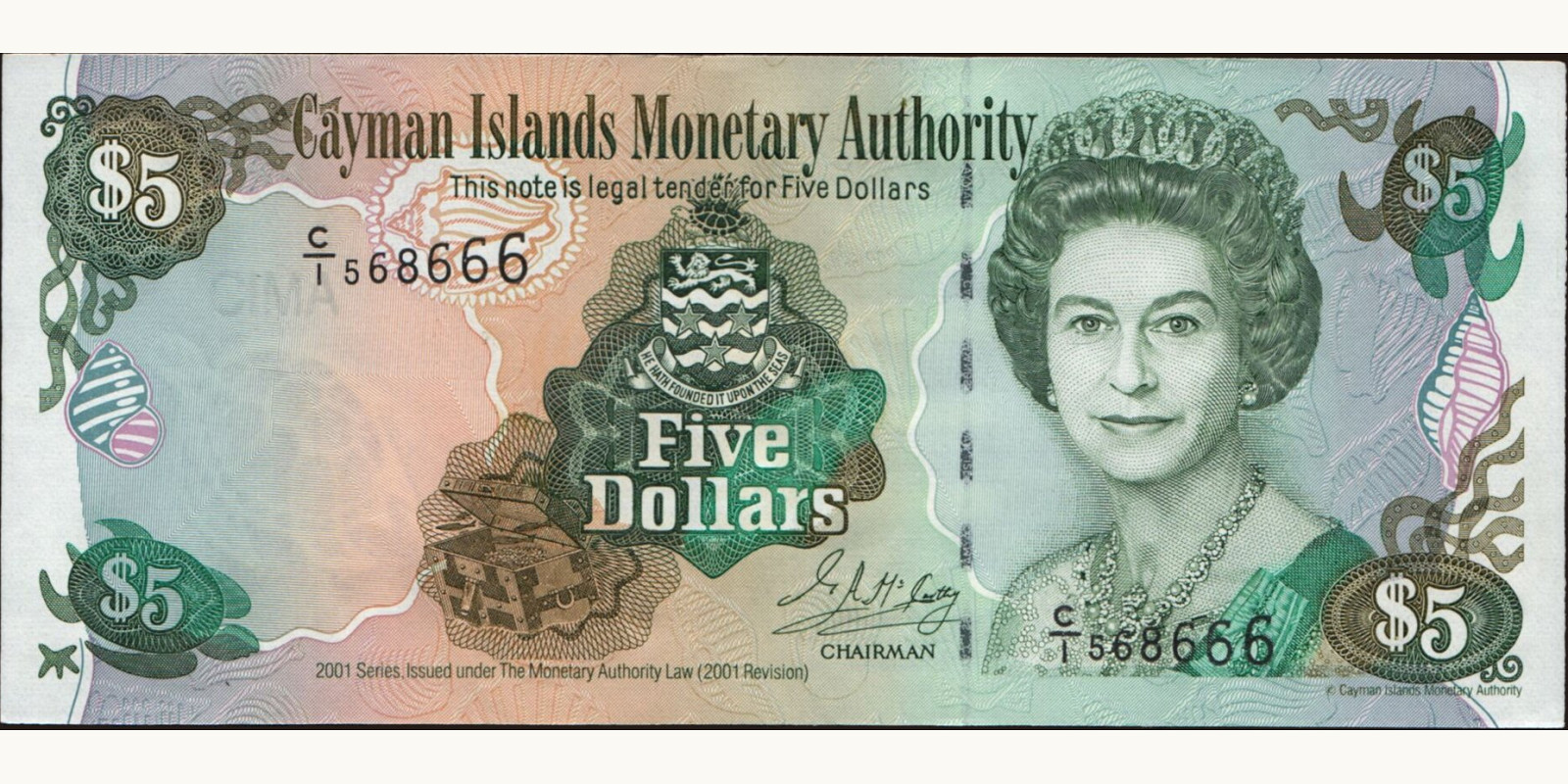 5 dollars Cayman Islands 2001 — Front side