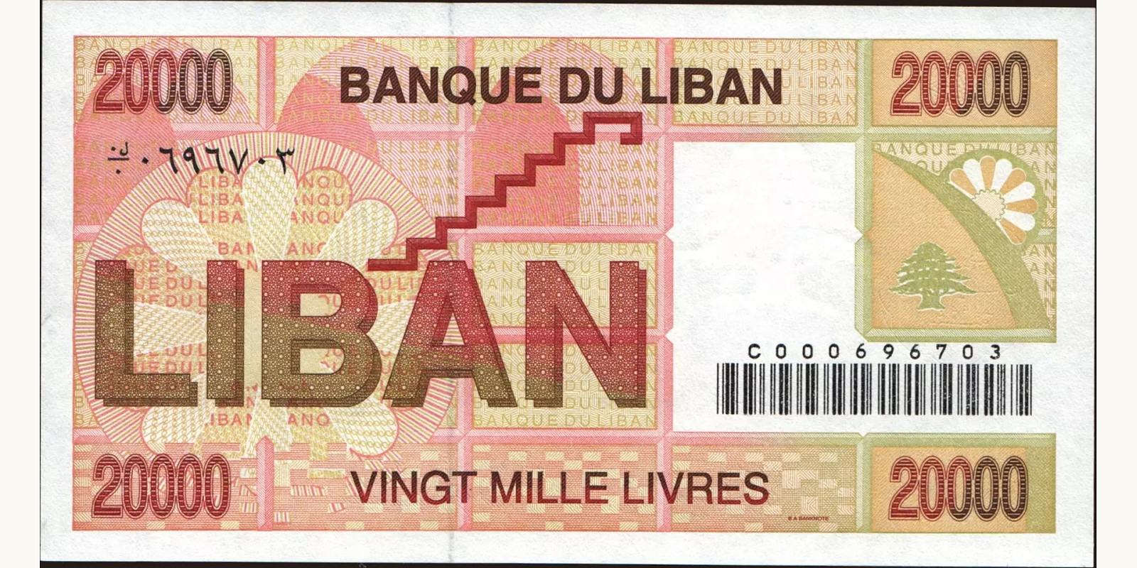 20000 livres Ливан 1994 — Оборотная сторона