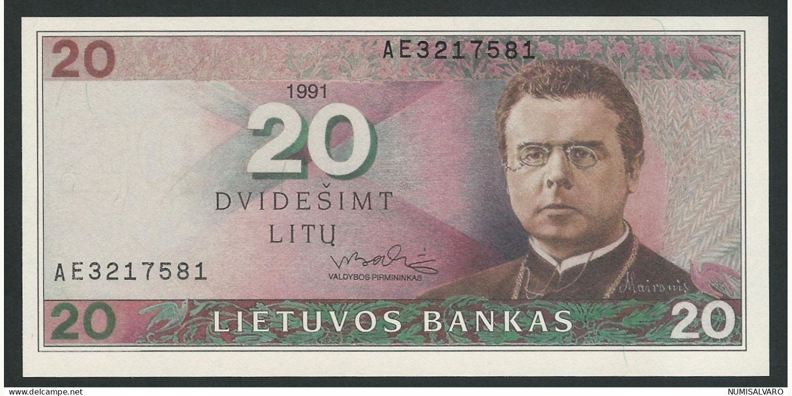 20 litas Lithuania 1991 — Front side