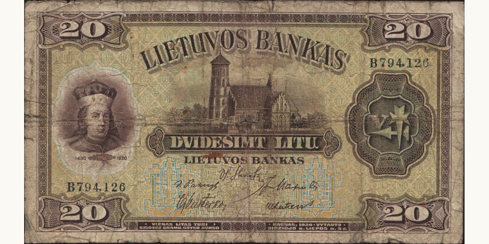 20 litas Литва 1930 — Лицевая сторона