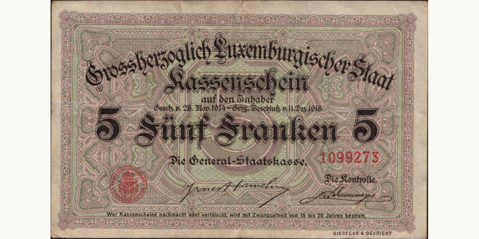 5 franc Luxembourg 1914 — Back side