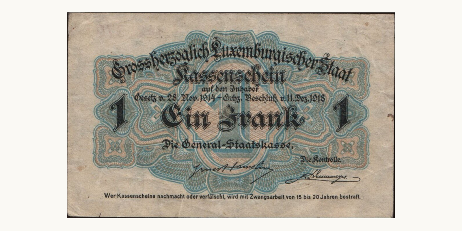 1 franc Luxembourg 1914 — Back side