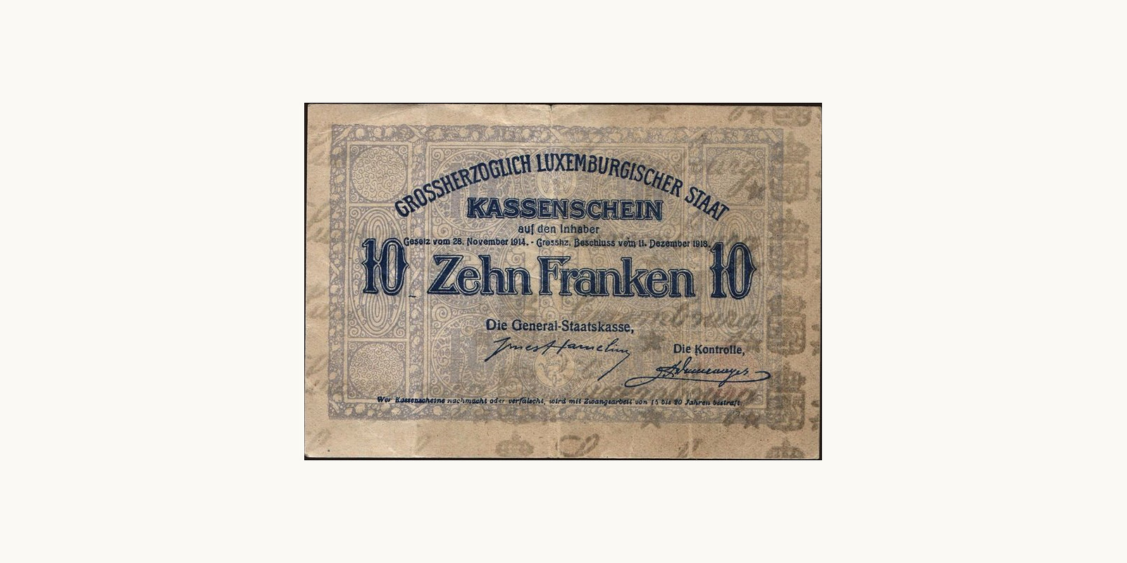 10 franc Люксембург 1914 — Оборотная сторона