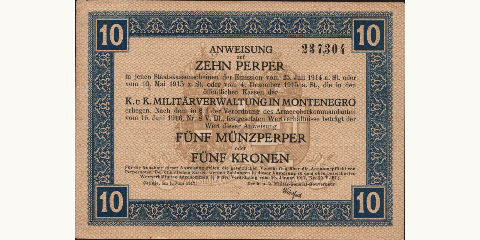 10 perper Черногория 1917 — Лицевая сторона
