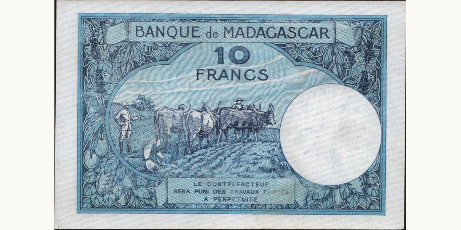 10 franc Мадагаскар 1937 — Оборотная сторона