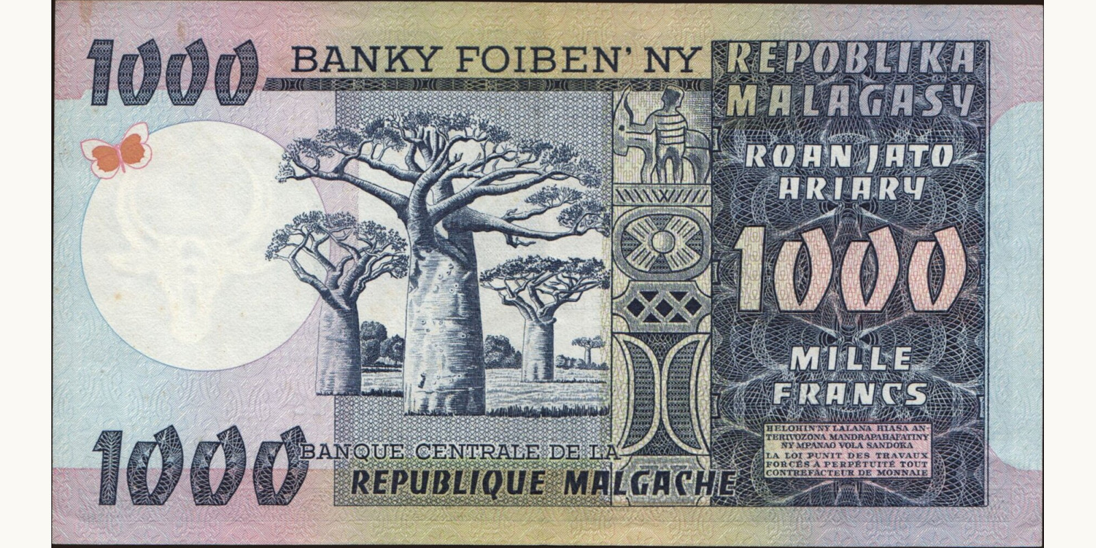 1000 franc Мадагаскар 1974 — Оборотная сторона
