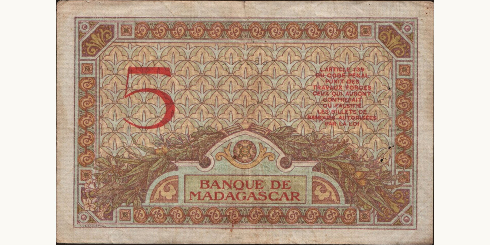 5 franc Madagascar 1937 — Back side