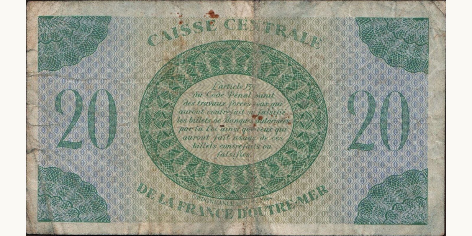 20 francs Martinique 1944 — Back side