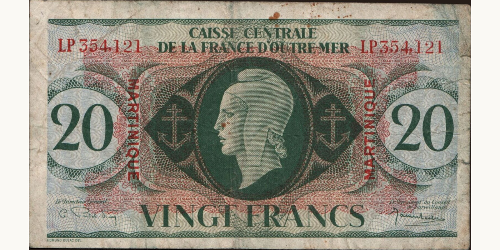 20 francs Martinique 1944 — Front side