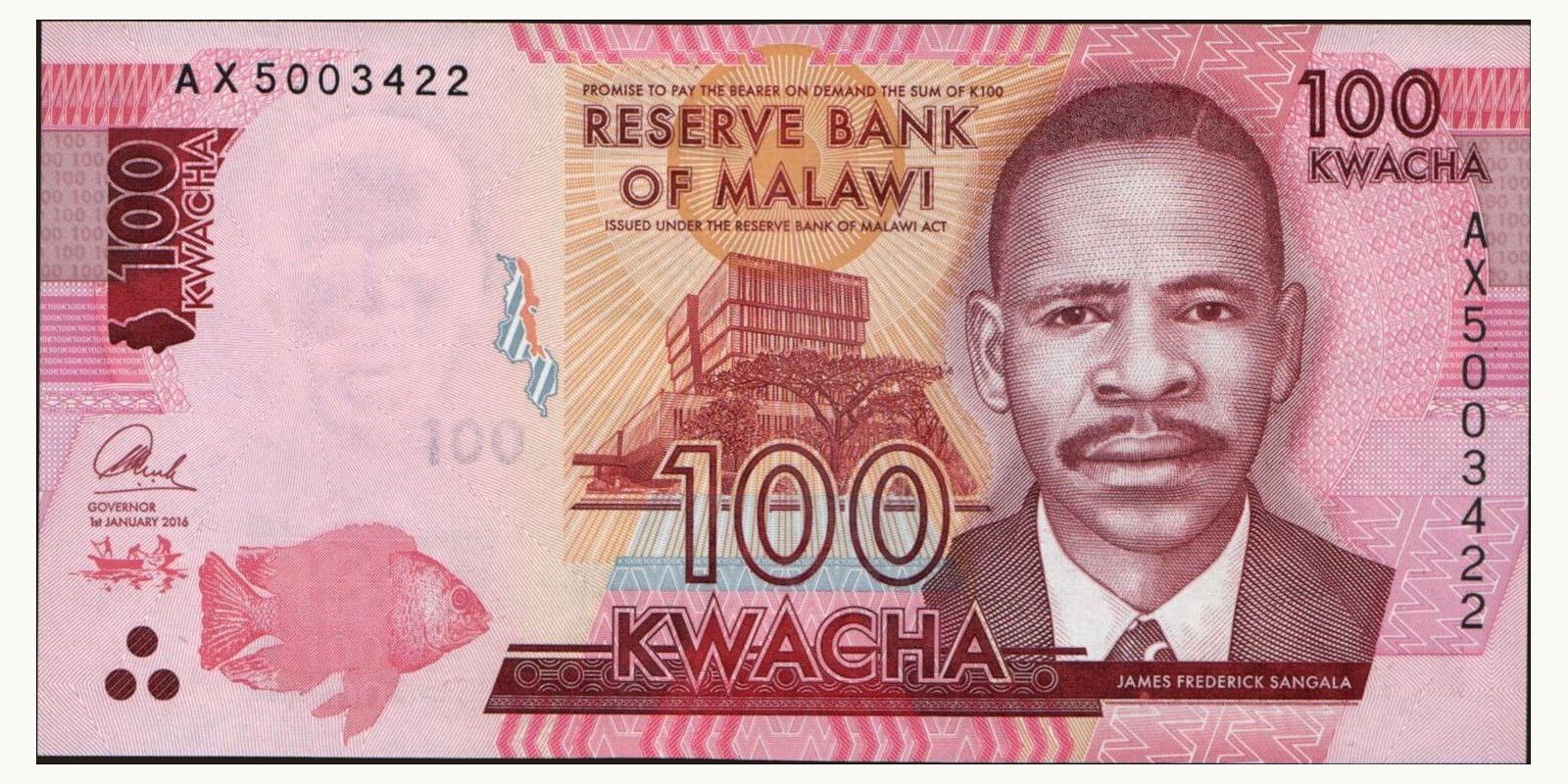 100 kwacha Малави 2016 — Лицевая сторона