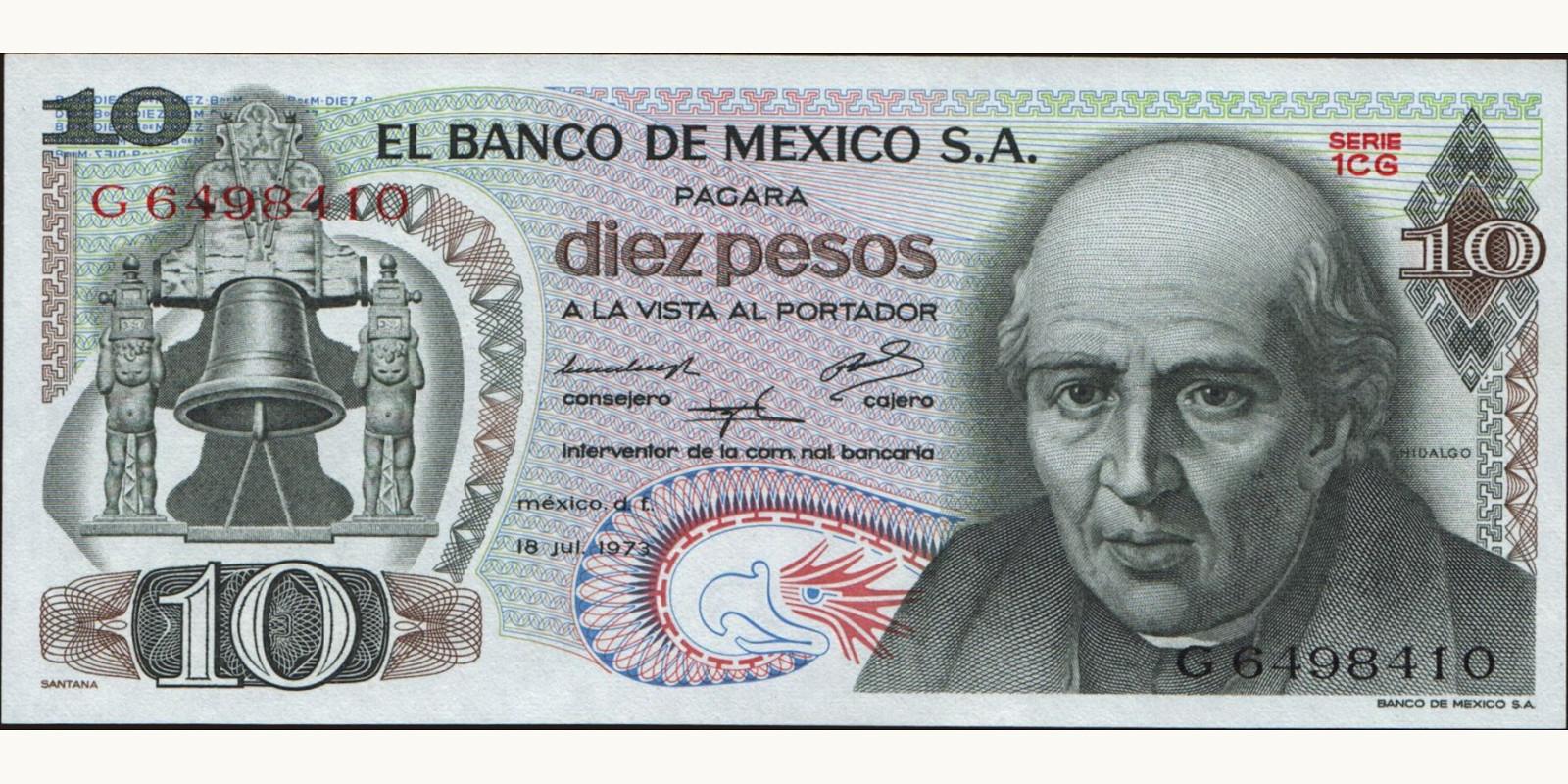 10 pesos Мексика 1973 — Лицевая сторона