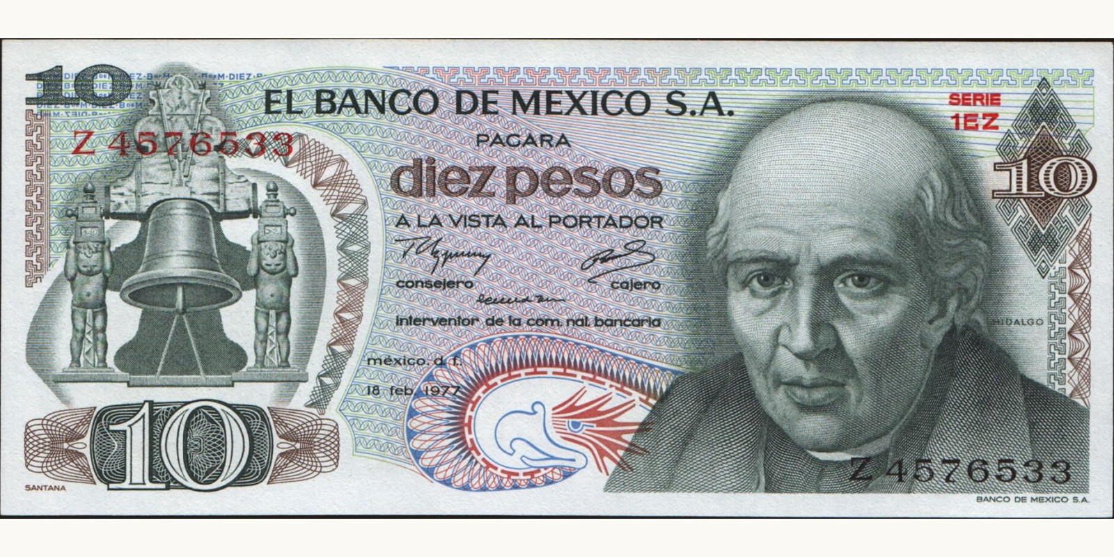 10 pesos Мексика 1977 — Лицевая сторона