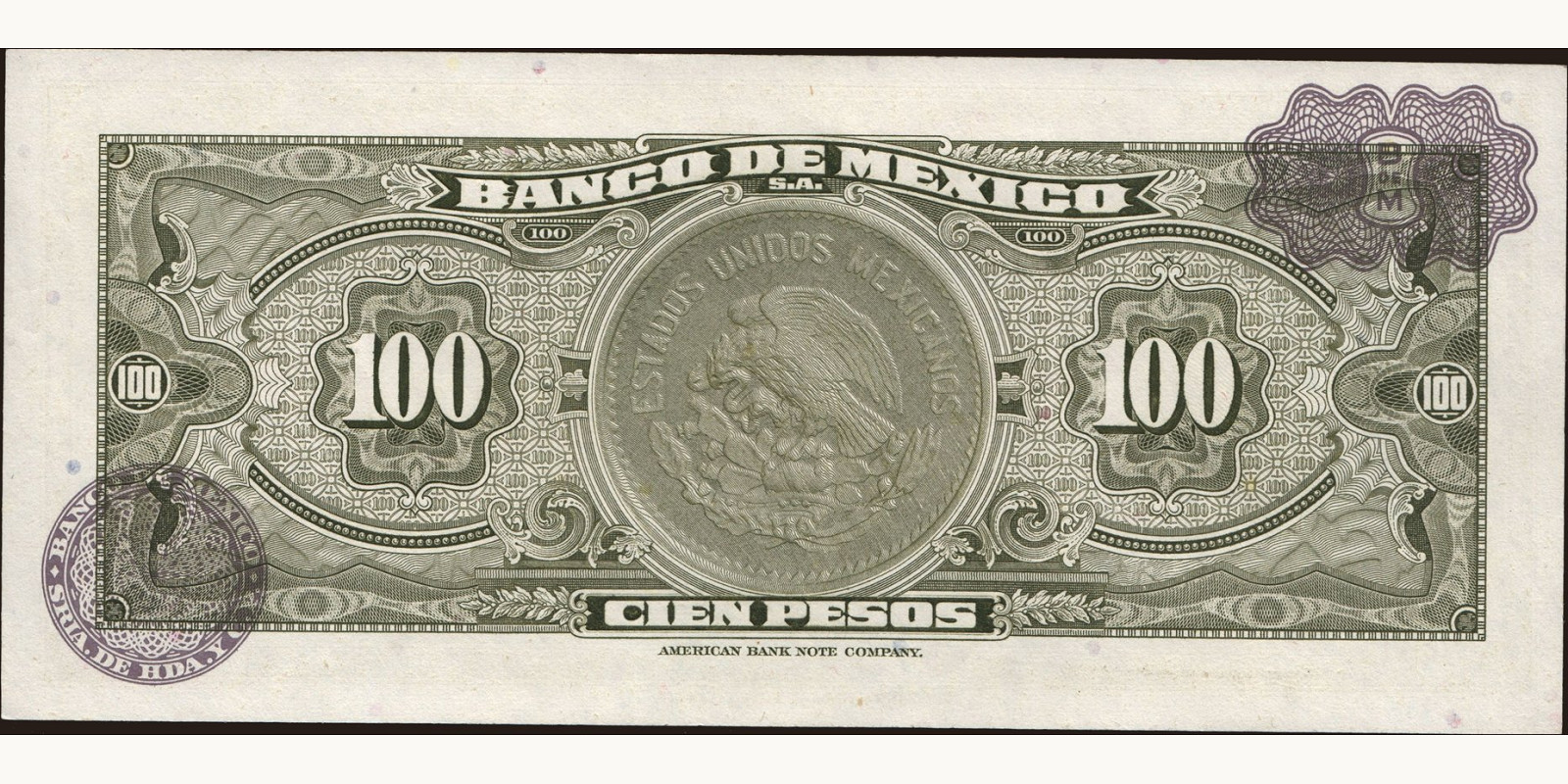 100 pesos Мексика 1967 — Оборотная сторона