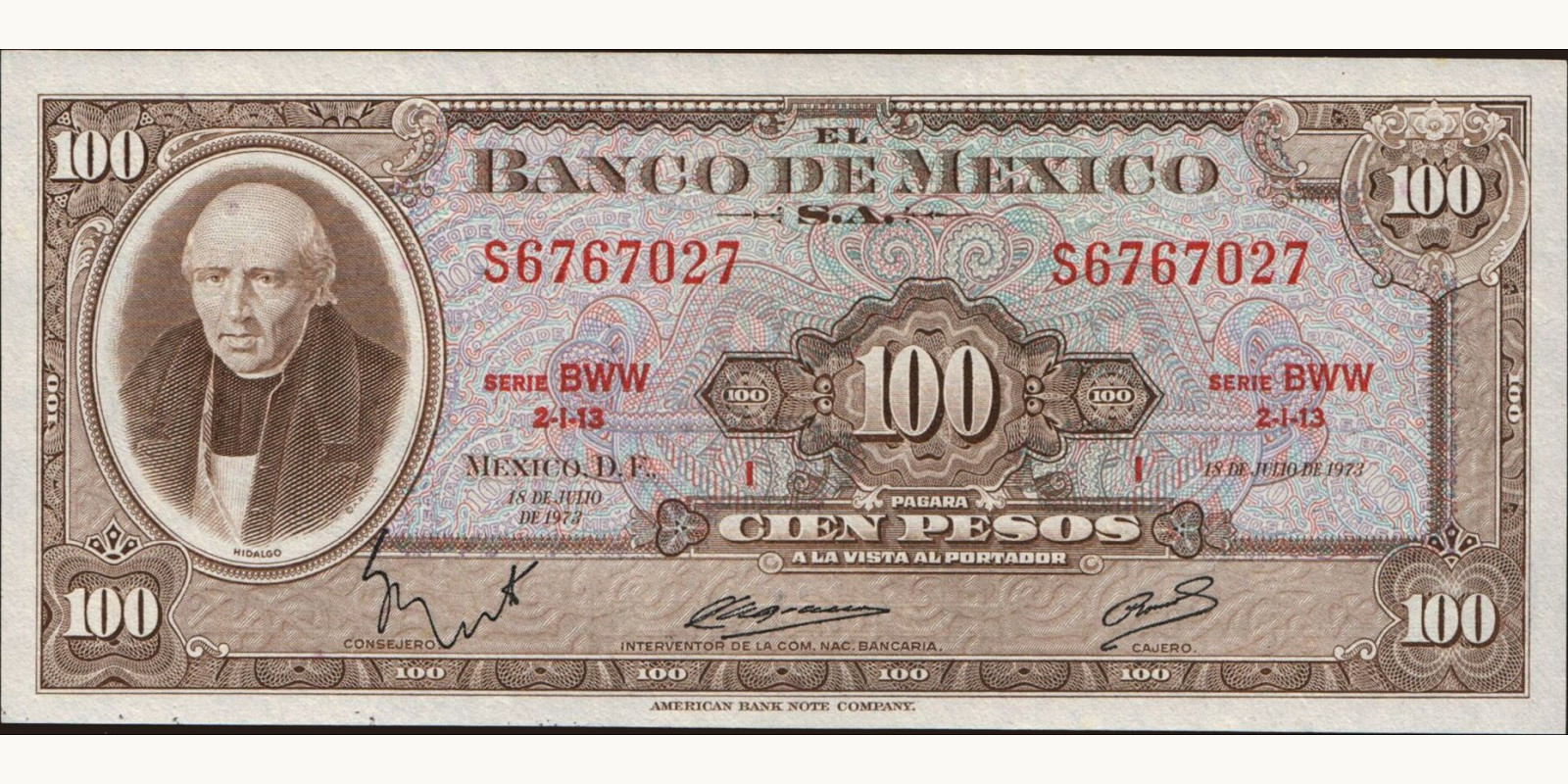 100 pesos Мексика 1973 — Лицевая сторона