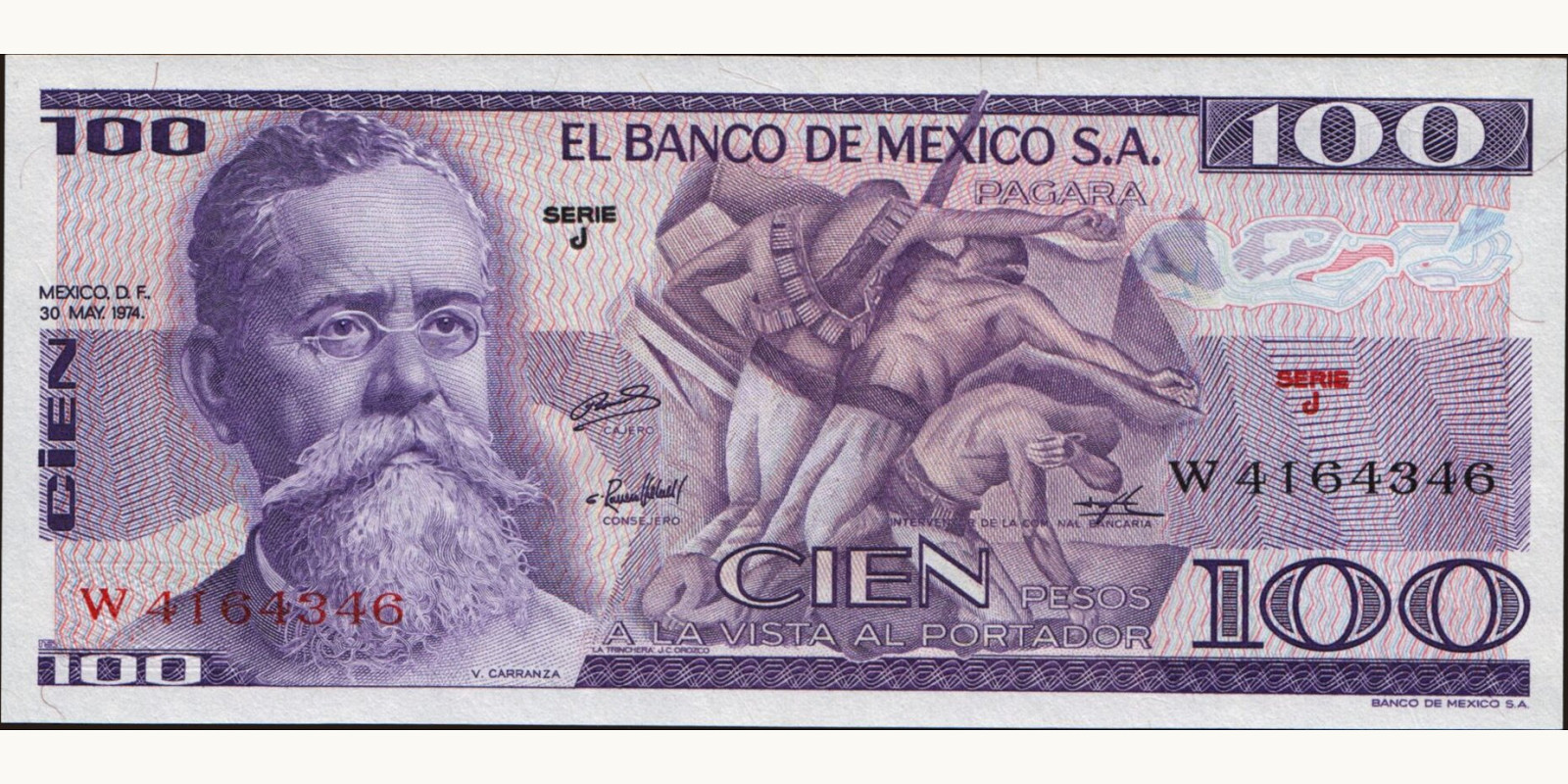 100 pesos Мексика 1974 — Лицевая сторона