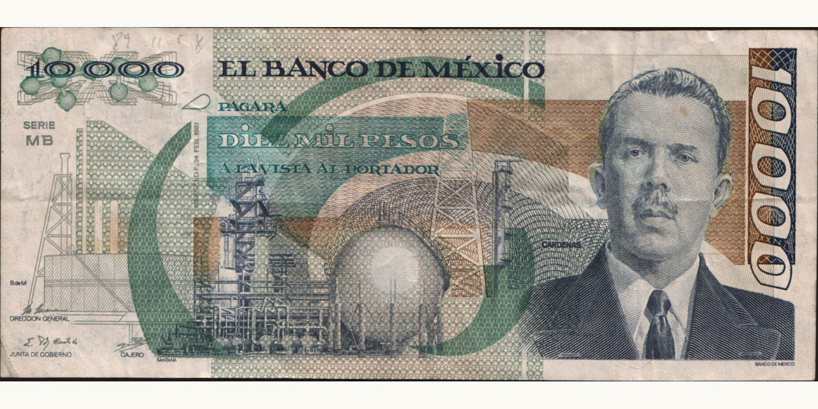 10000 pesos Мексика 1987 — Лицевая сторона