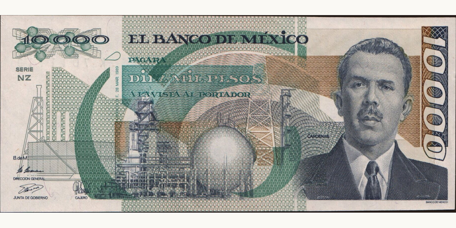 10000 pesos Мексика 1989 — Лицевая сторона