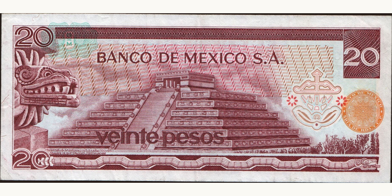 20 pesos Mexico 1972 — Back side