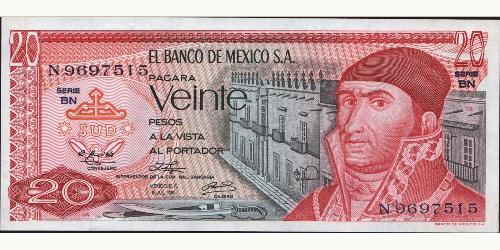 20 pesos Мексика 1976 — Лицевая сторона