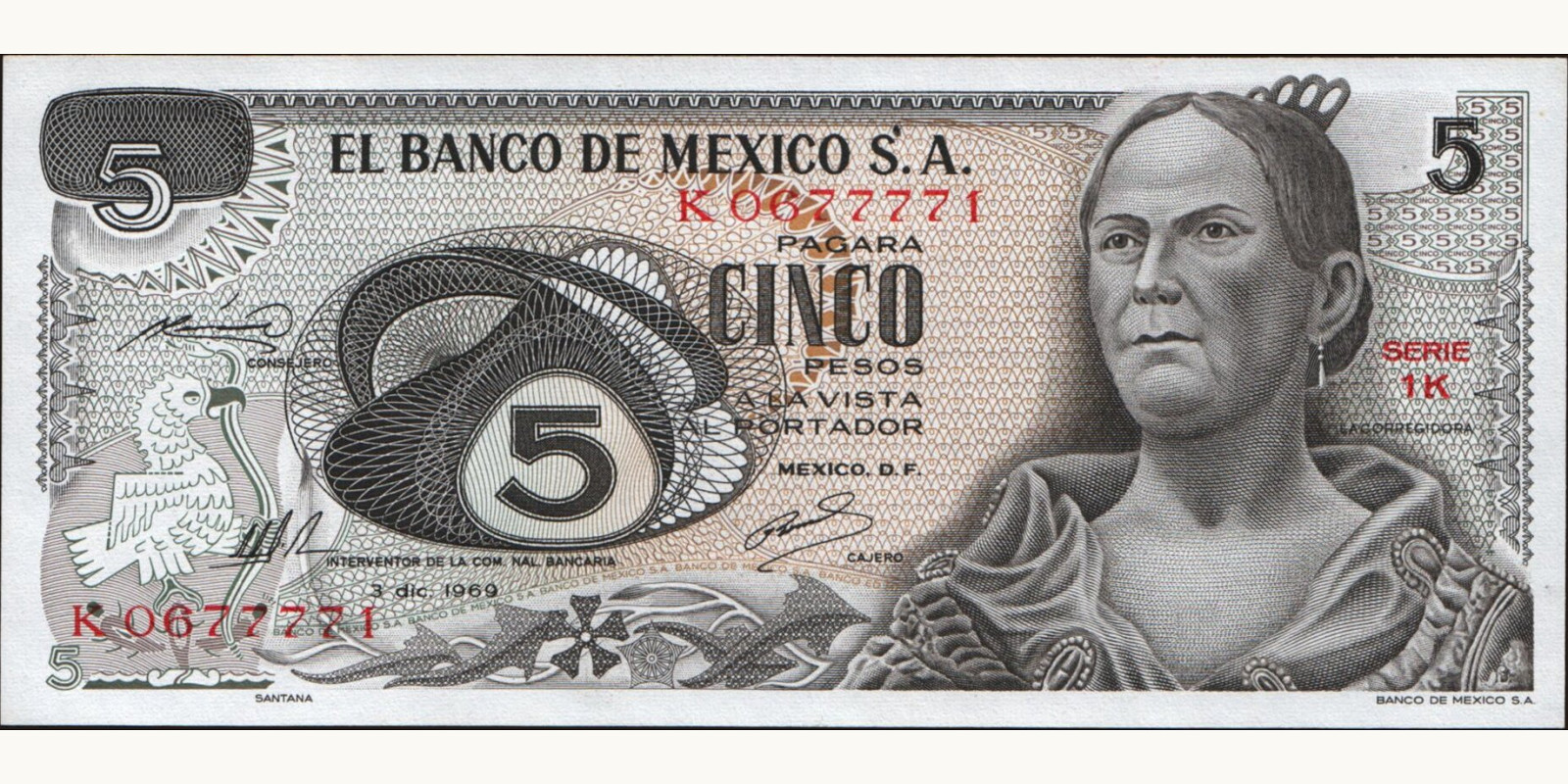 5 pesos Мексика 1969 — Лицевая сторона