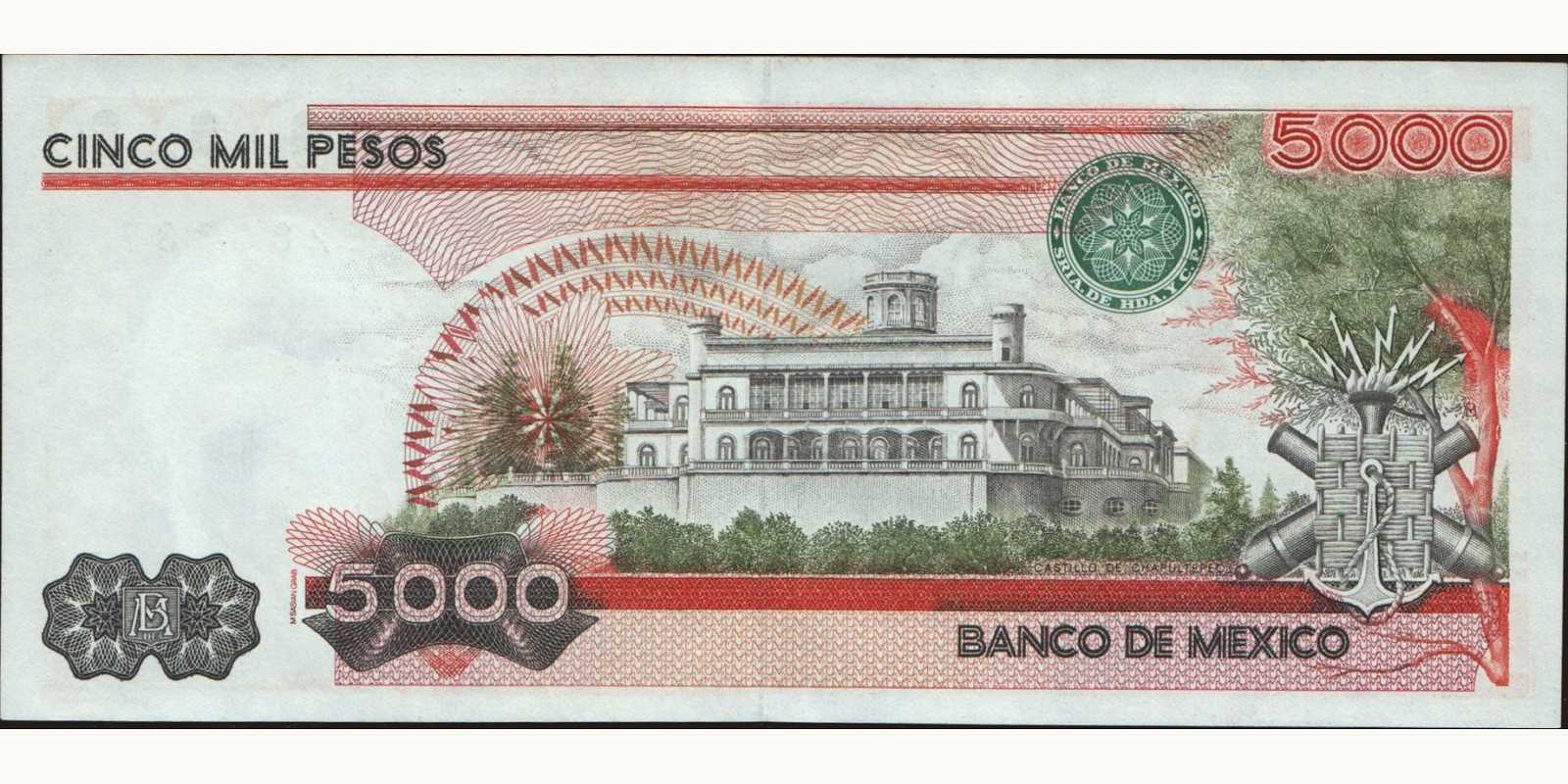 5000 pesos Mexico 1985 — Back side