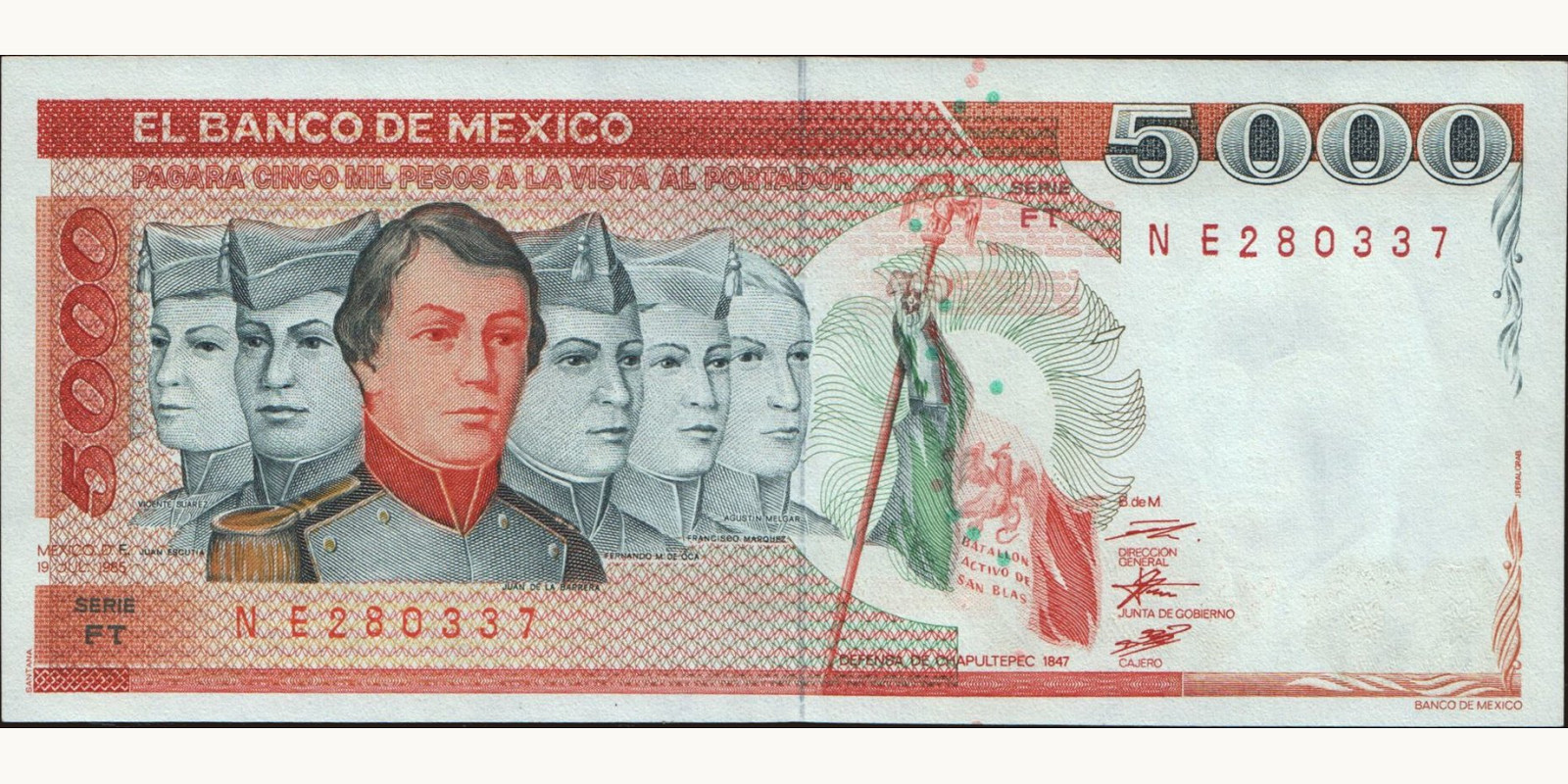 5000 pesos Mexico 1985 — Front side