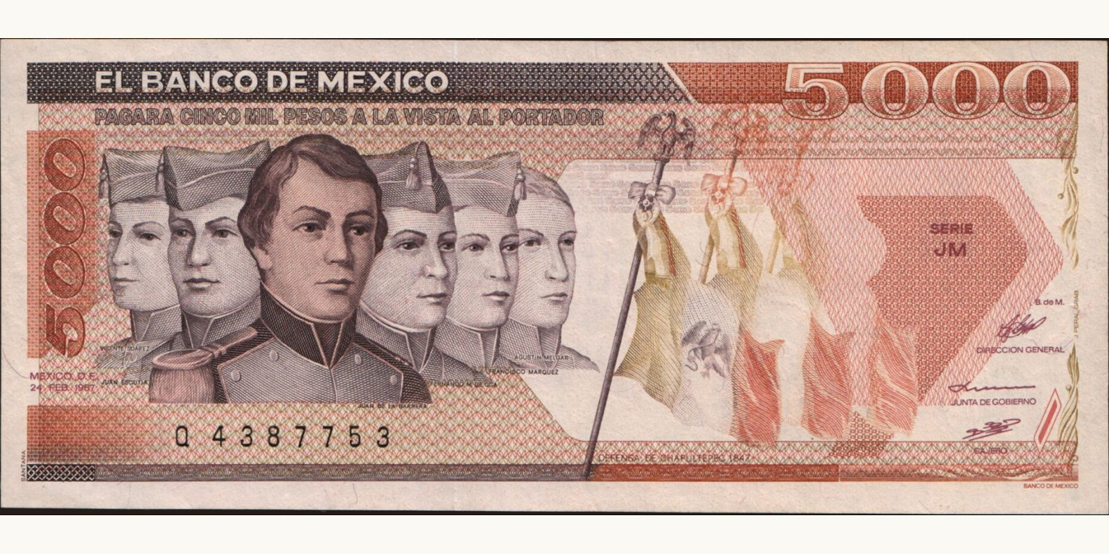 5000 pesos Мексика 1987 — Лицевая сторона