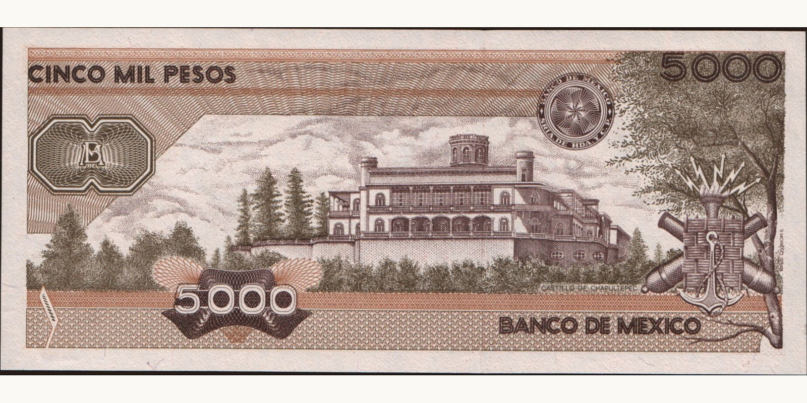 5000 pesos Mexico 1989 — Back side