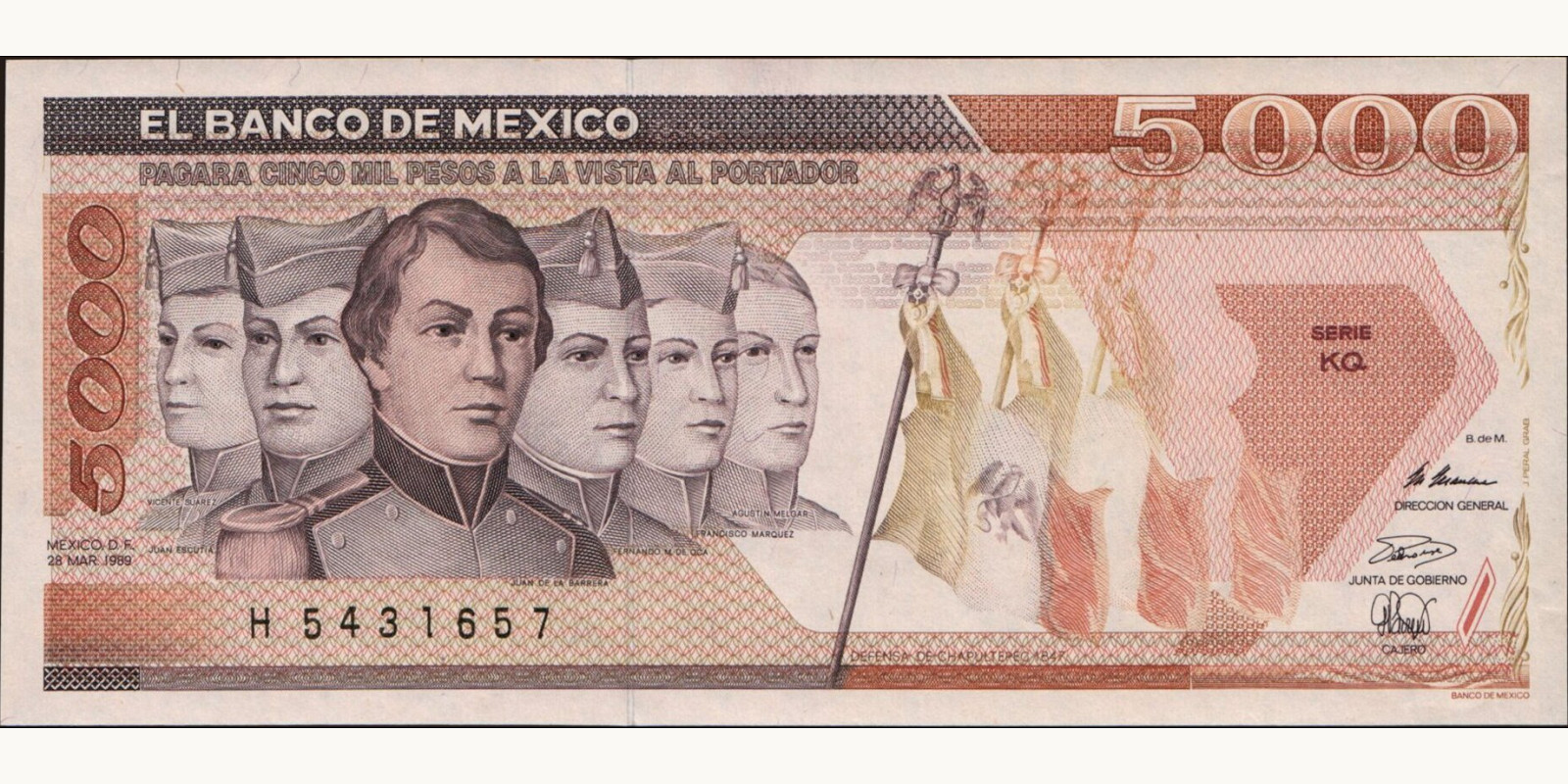 5000 pesos Mexico 1989 — Front side