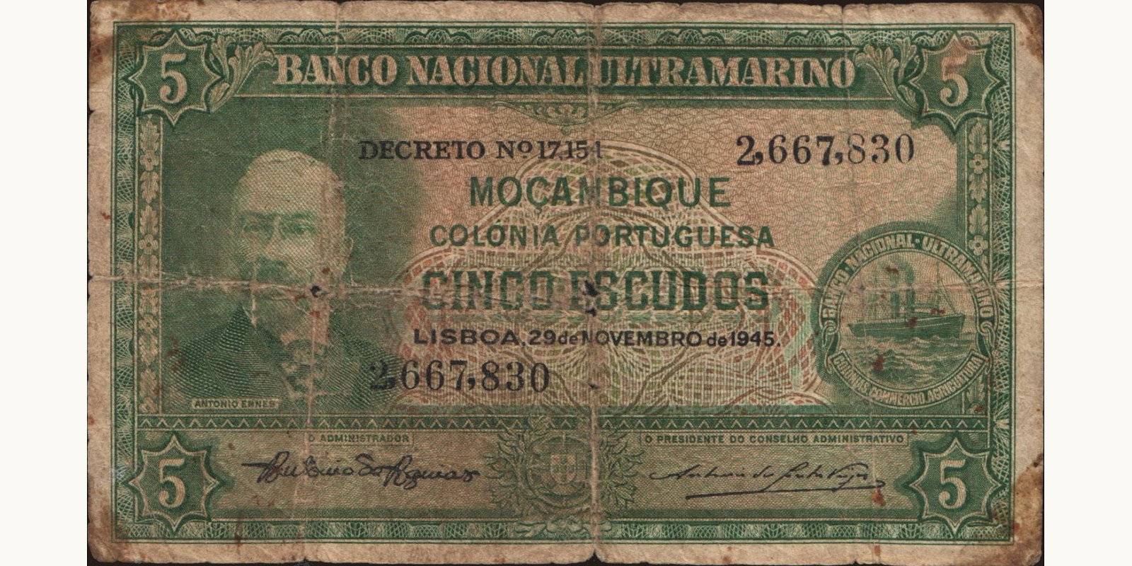 5 escudos Mozambique 1945 — Front side