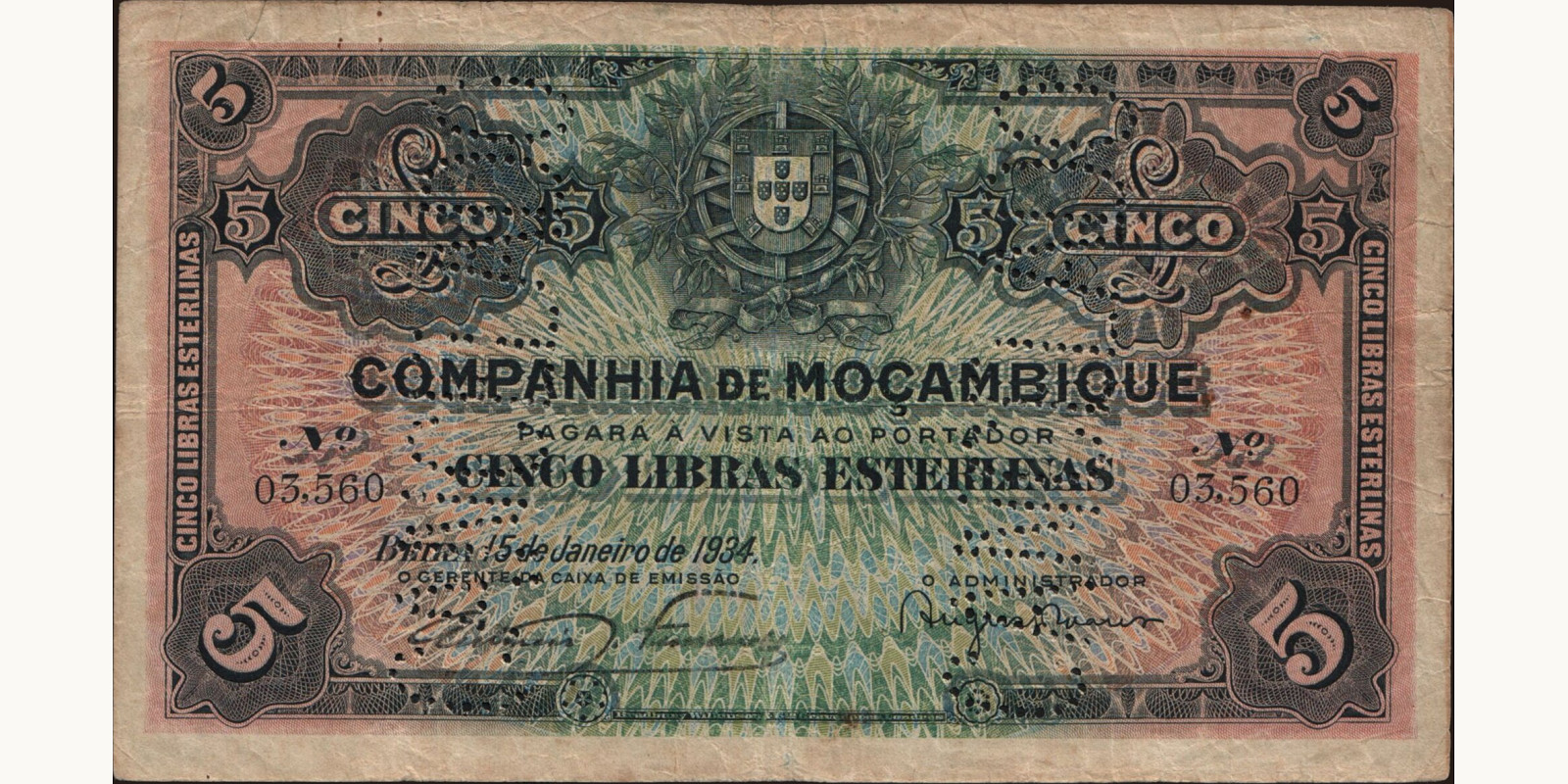 5 libras Мозамбик 1934 — Лицевая сторона