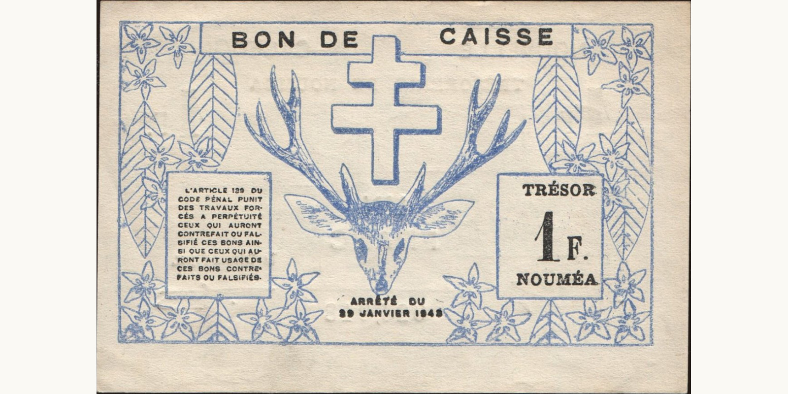 1 franc New Caledonia 1943 — Back side