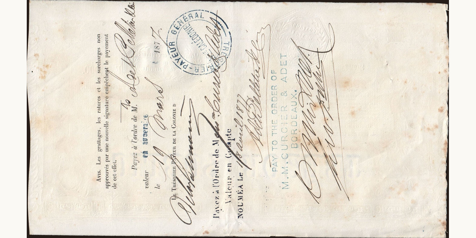 1000 franc New Caledonia 1874 — Back side