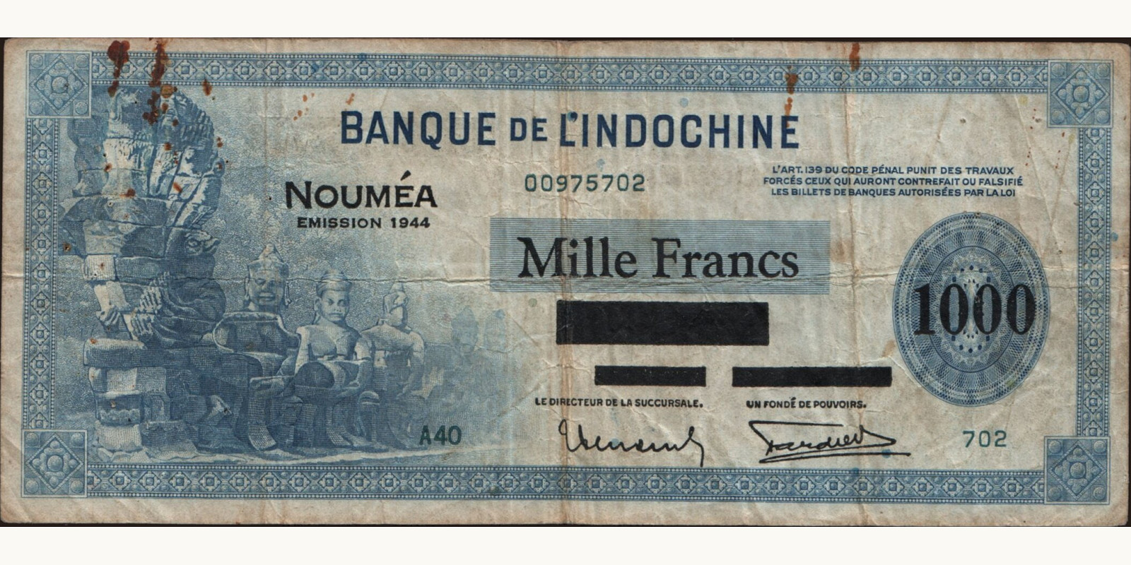 1000 franc Новая Каледония 1944 — Лицевая сторона