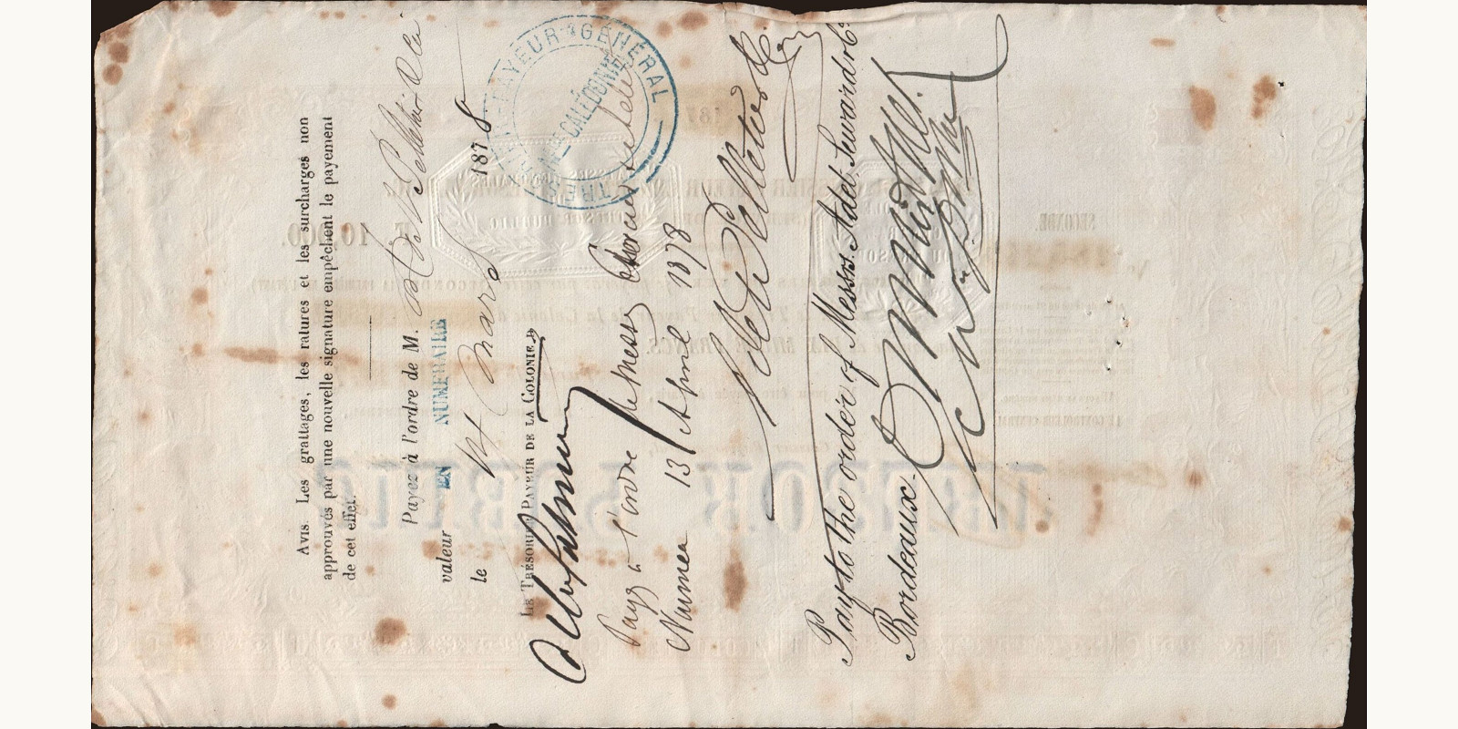 10000 franc Новая Каледония 1877 — Оборотная сторона