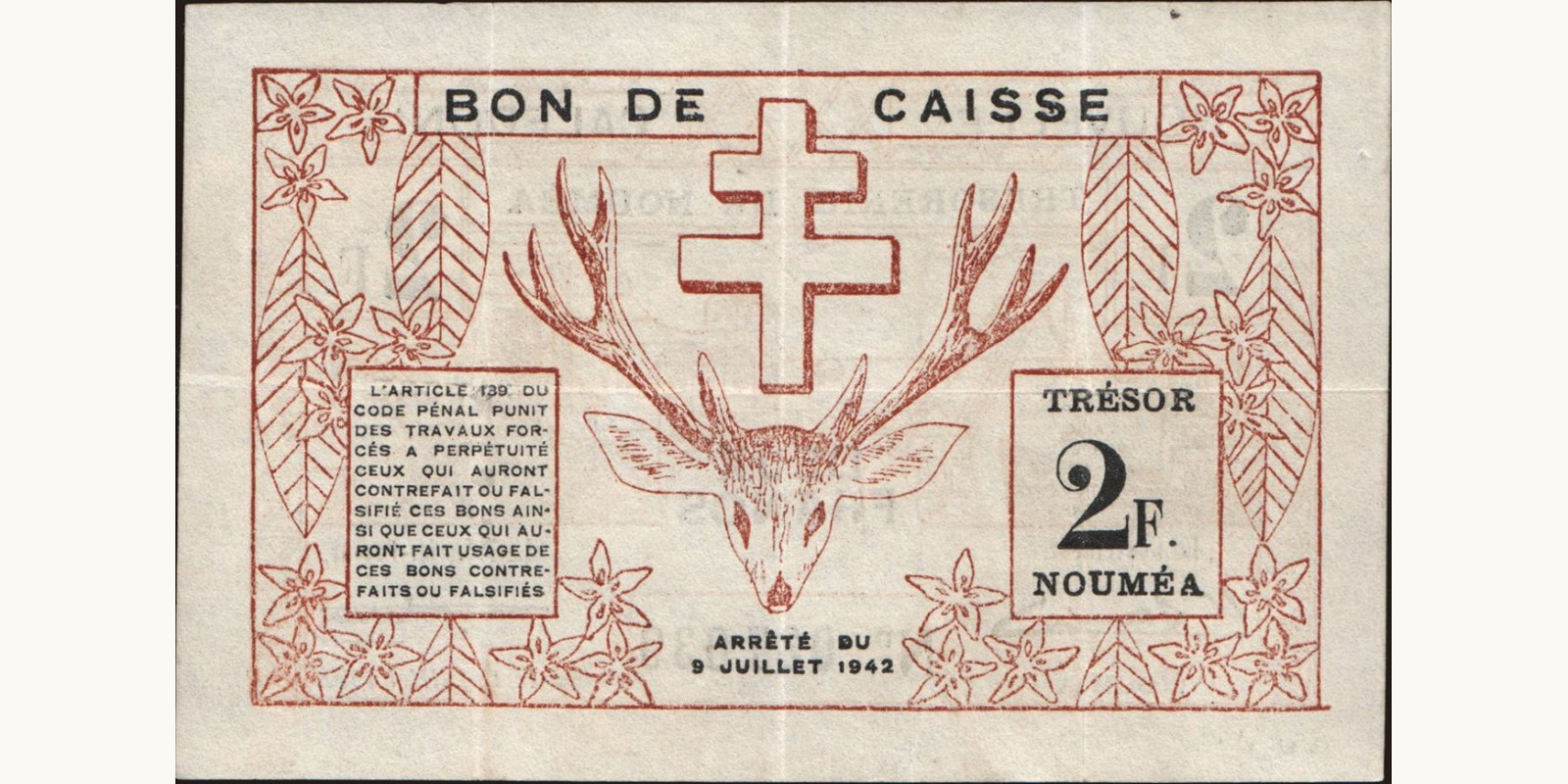 2 franc Новая Каледония 1942 — Оборотная сторона