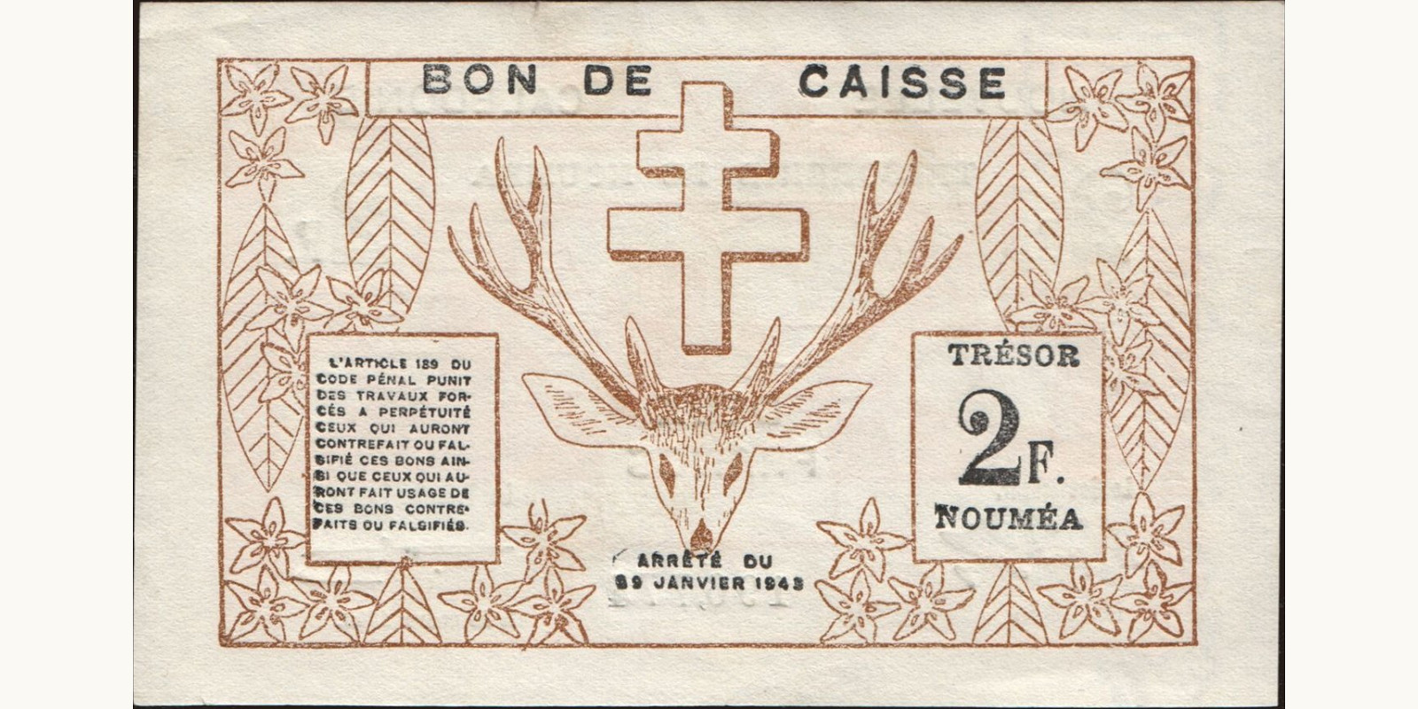 2 franc New Caledonia 1943 — Back side