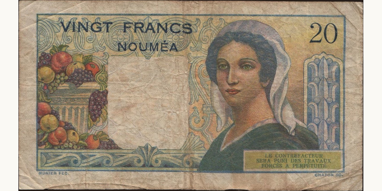 20 franc New Caledonia 1954 — Back side