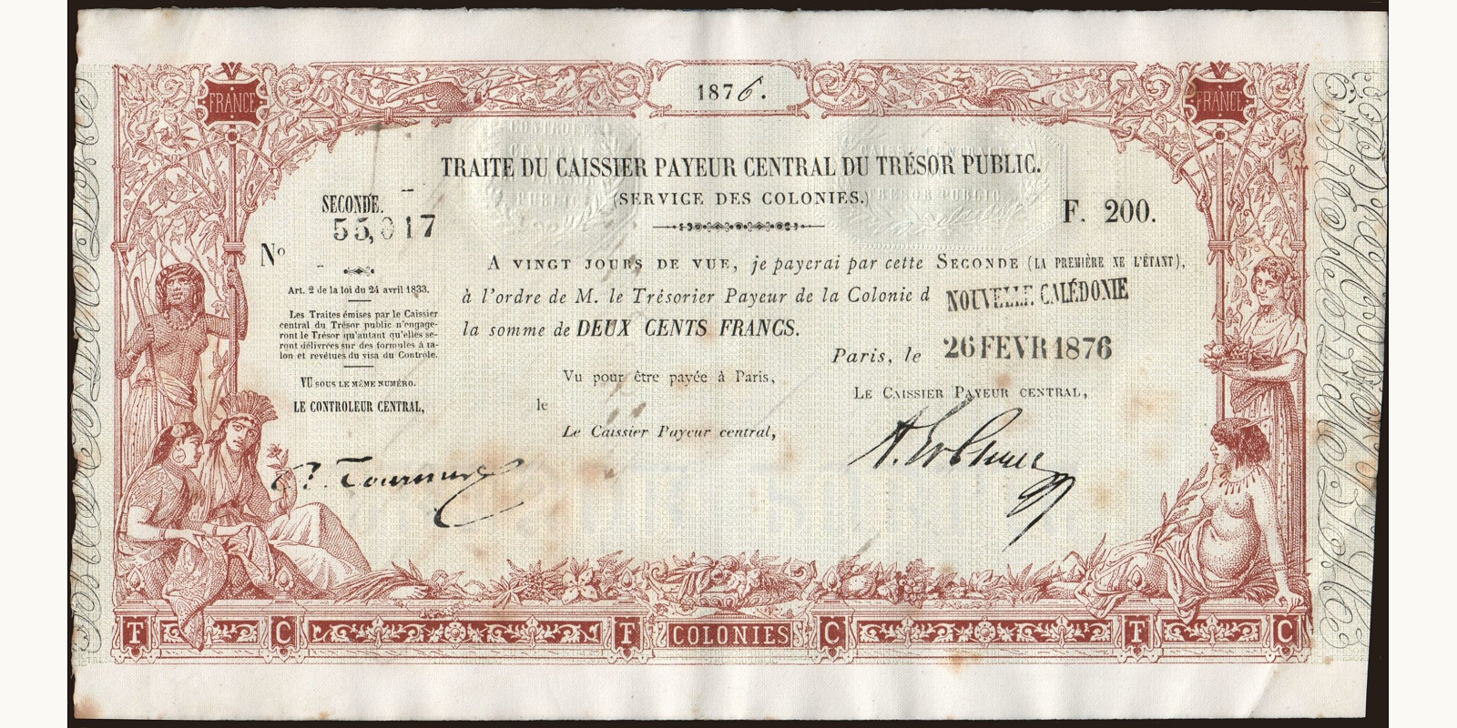 200 franc Новая Каледония 1876 — Лицевая сторона