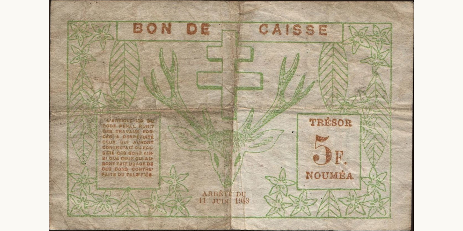 5 franc New Caledonia 1943 — Back side