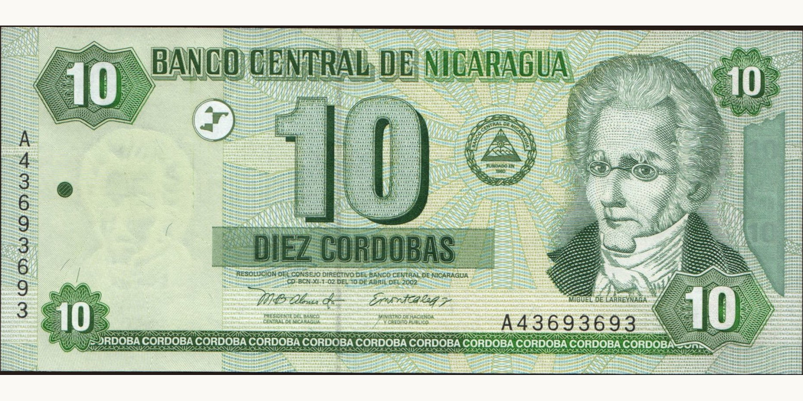10 cordobas Никарагуа 2002 — Лицевая сторона