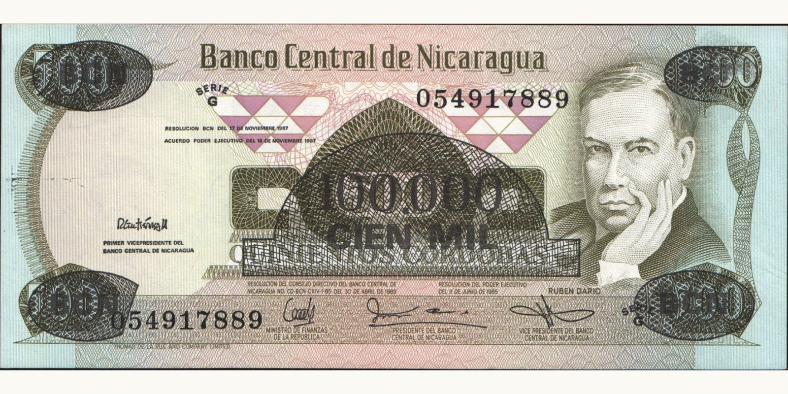 100000 cordobas Никарагуа 1987 — Лицевая сторона