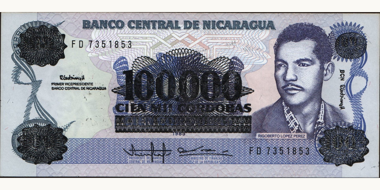 100000 cordobas Nicaragua 1989 — Front side