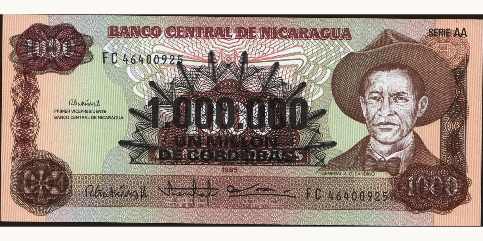 1000000 cordobas Nicaragua 1990 — Front side