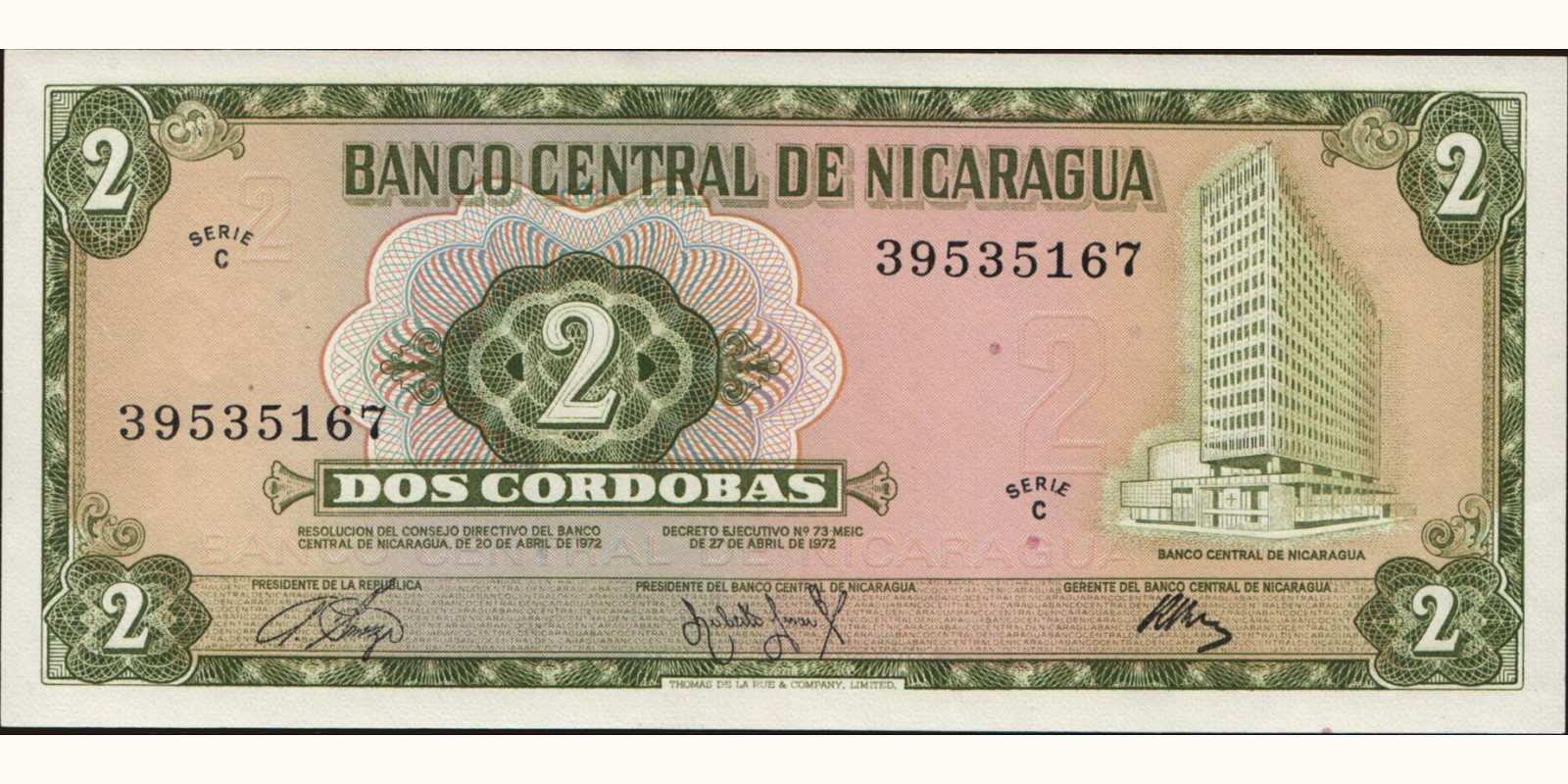 2 cordobas Nicaragua 1972 — Front side