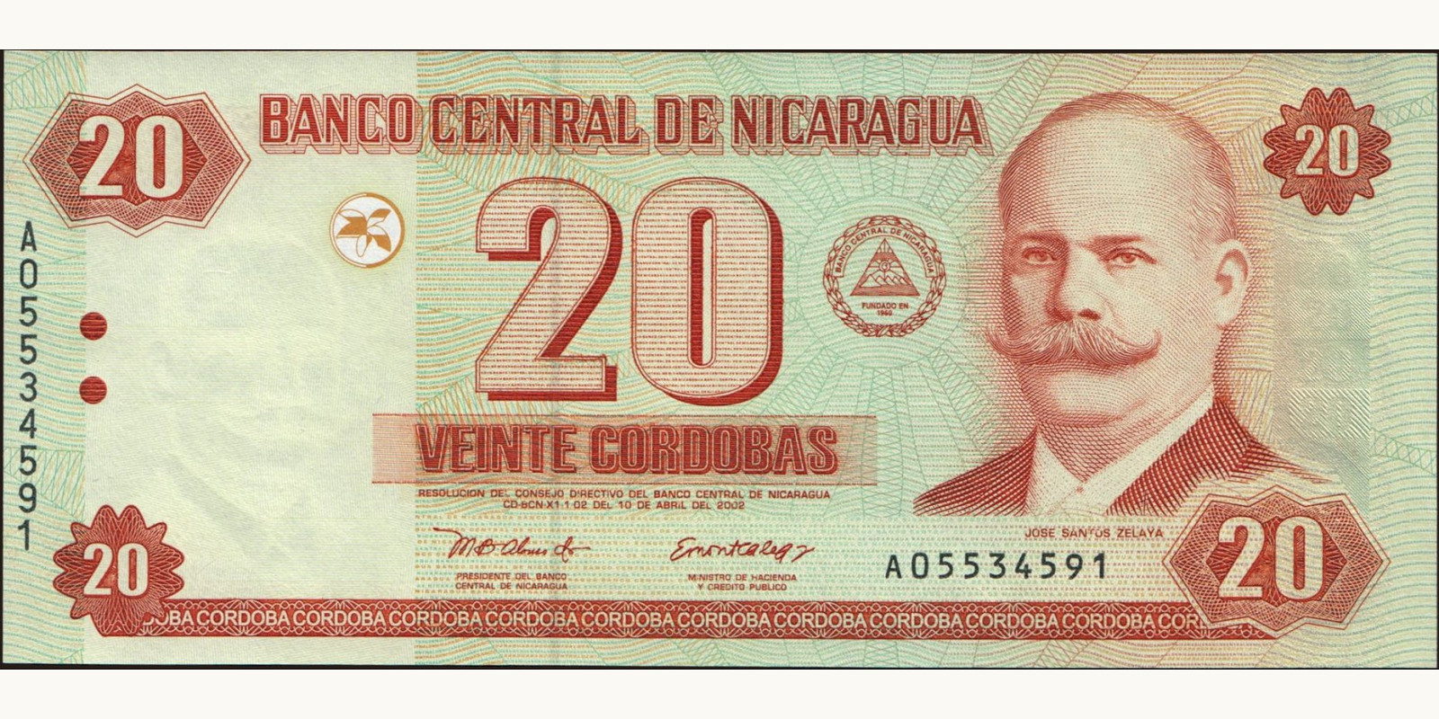 20 cordobas Nicaragua 2002 — Front side