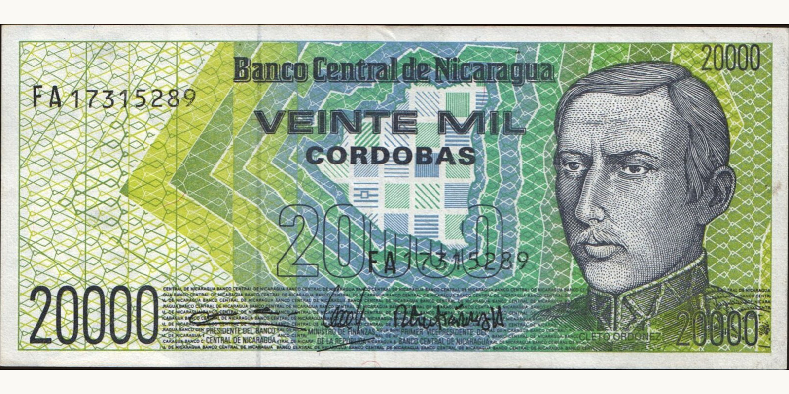 20000 cordobas Nicaragua 1989 — Front side