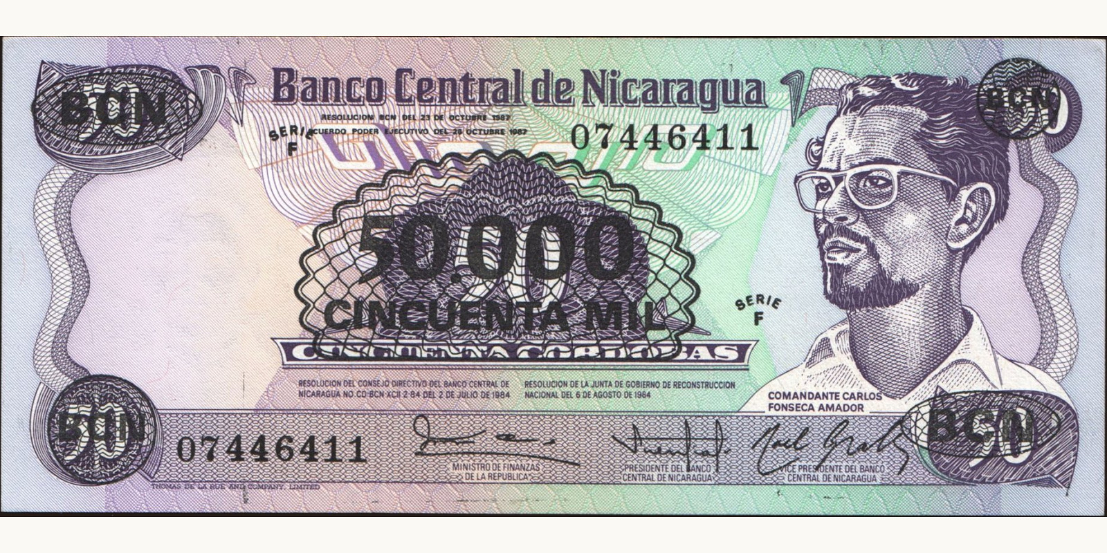 50000 cordobas Nicaragua 1987 — Front side