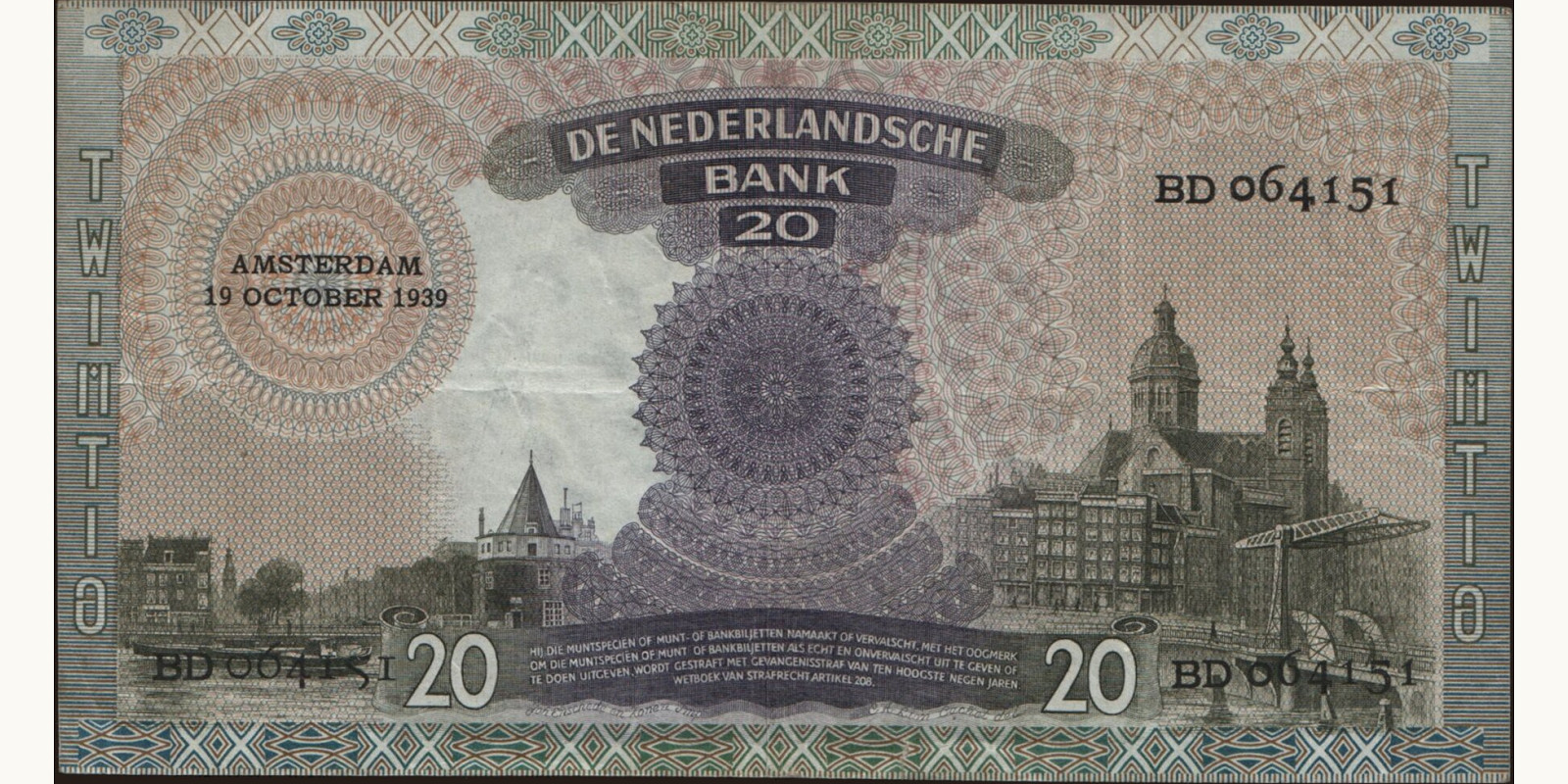 20 gulden Netherlands 1939 — Back side